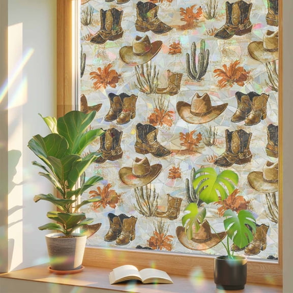 Western Retro Cowboy Boot Hat Window Privacy Film, Rainbow Film Decorative Window Sticker 17.7x39.3in, Summer Desert Cactus Sun Blocking Static Stained Glass Cling Tint Non-Adhesive