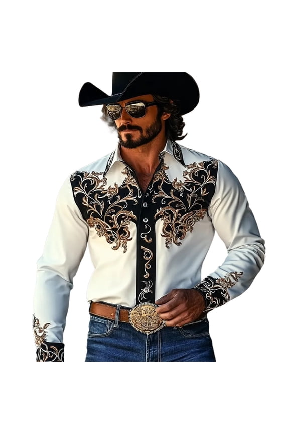 Western Retro Floral Print Long Sleeve Button Down Shirt for Cowboy Party and Outdoor Events White XXXL