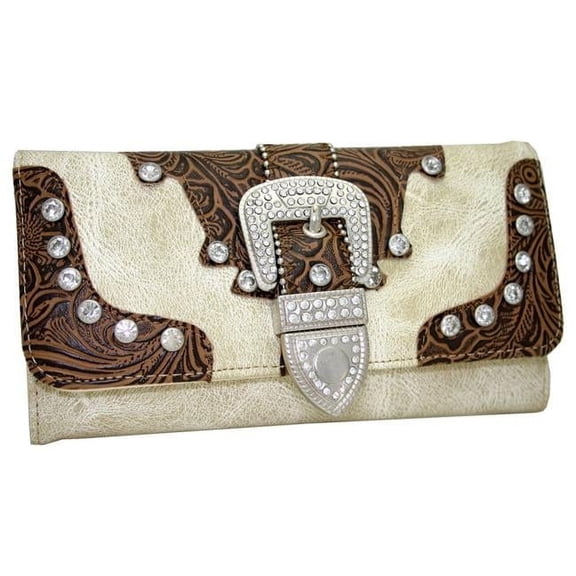 Western Rhinestone Bling Belt Buckle Trifold Wallet - Beige