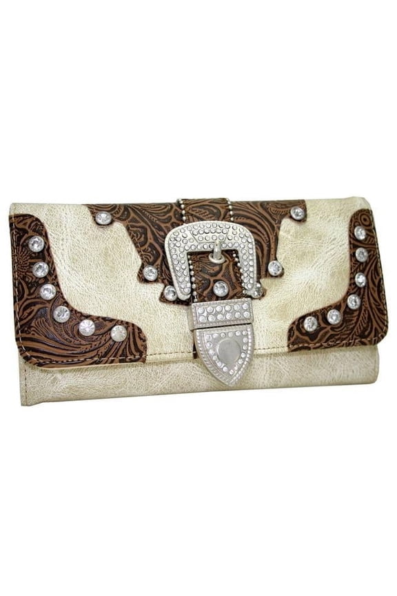 Western Rhinestone Bling Belt Buckle Trifold Wallet - Beige