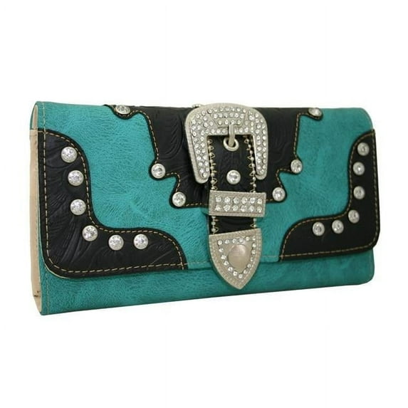 Western Rhinestone Bling Belt Buckle Trifold Wallet - Turquoise