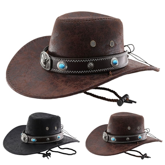 Western Rhinestone Cowboy Hats for Women Classic Wide Brim Fedora Hat with Belt Buckle Retro Hat Unisex Rolled up Cap