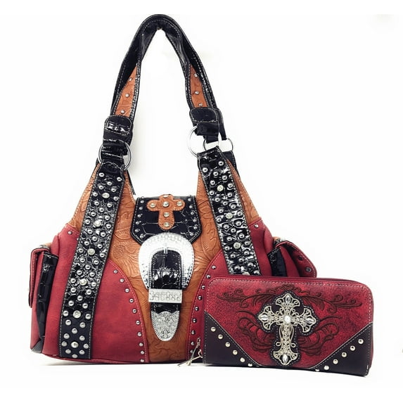 Western Rhinestone Cross Buclke Style Handbag Purse with Magnetic Closure and Matching Wallet In Multi Colors