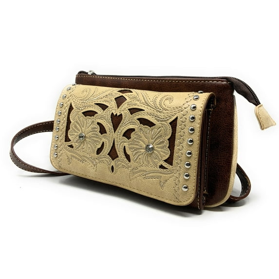 Western Rhinestone Embroidery Laser Cut Leather Double Floral Crossbody Small Pouch Wallet in 5 colors