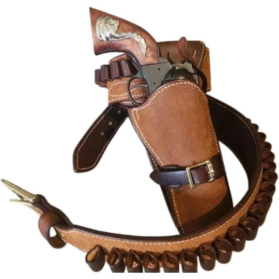 Western Right-Hand Leather Gun Holster Belt with 20 Ammo Loops, Cowboy Drop Loop Design, Size 38-42, .35/.357 Caliber