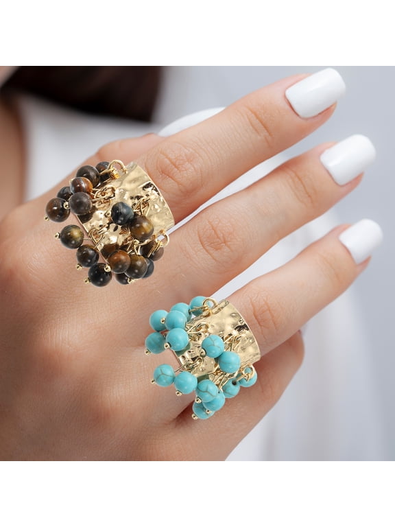 Western Ring for Women Adjustable Beaded Tassel Ring Open Vintage Statement Stacking Jewelry Brown, Blue