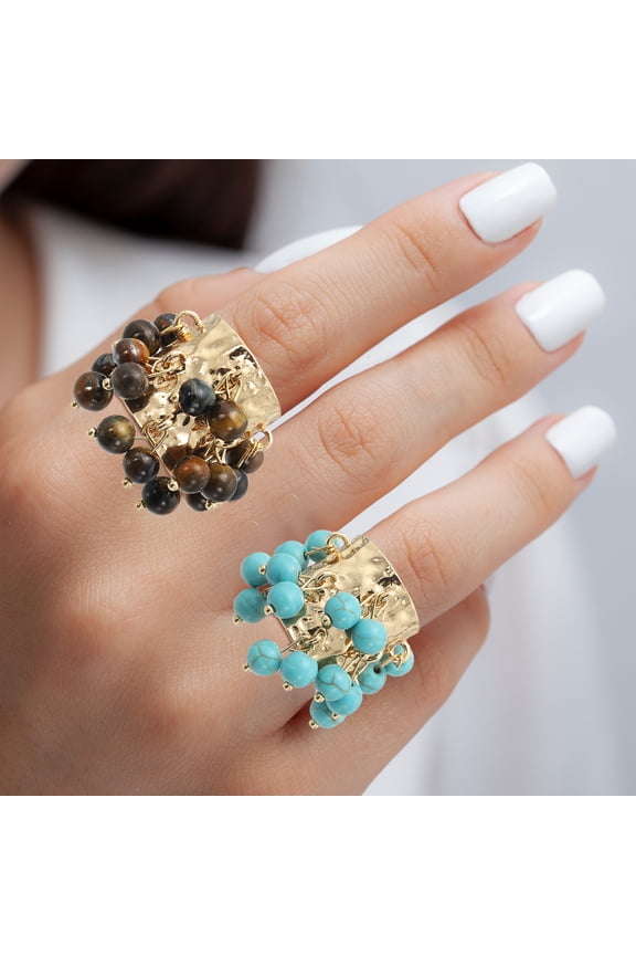 Western Ring for Women Adjustable Beaded Tassel Ring Open Vintage Statement Stacking Jewelry Brown, Blue