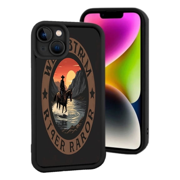 Western River Cowboy Silhouette iPhone 15 Case - Lightweight Yellowing Resistant Sunset Design with Horse & Mountains