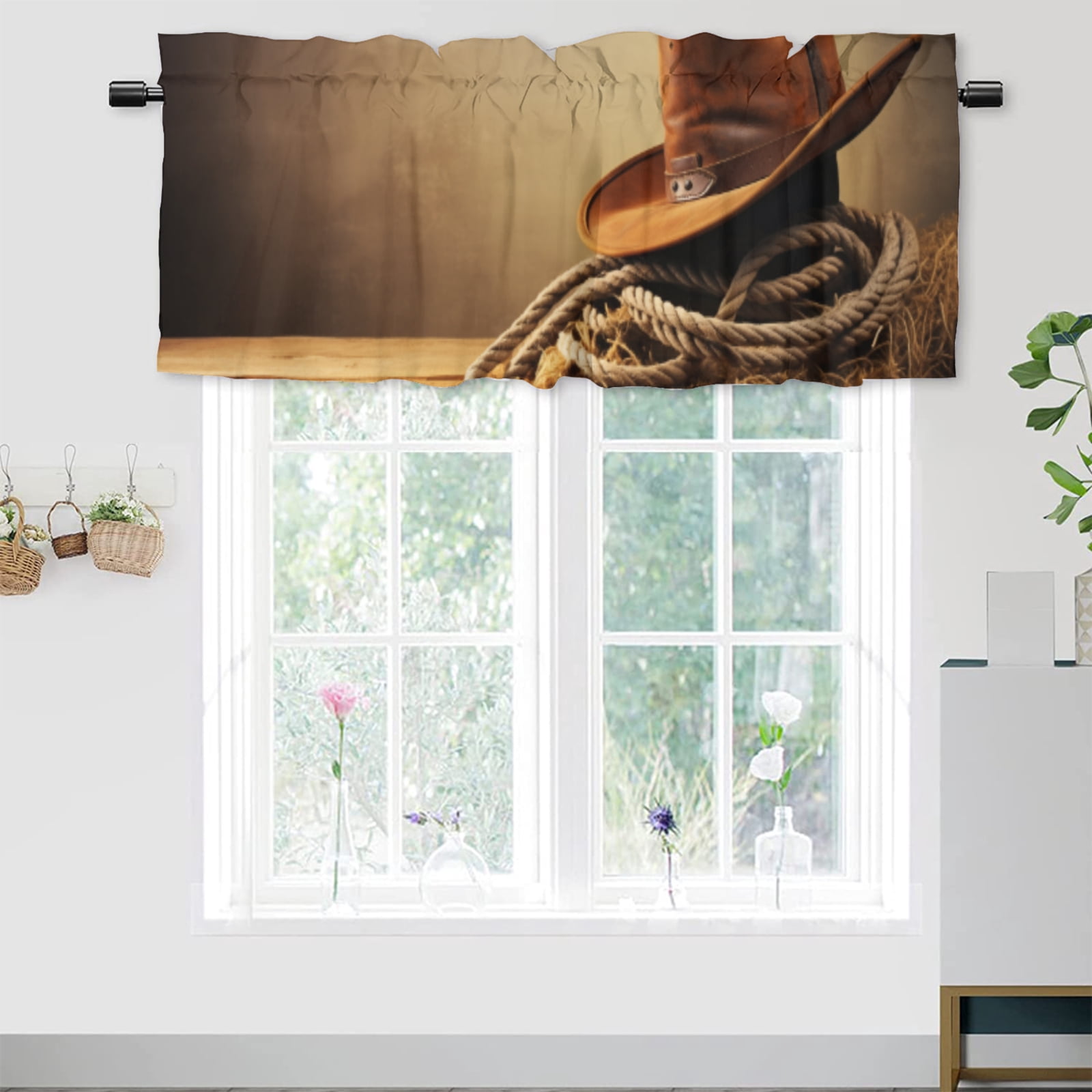 Western Style Window Western Rod Pocket Thermal Insulated Curtain Valance Cowboy Hat Vintage ...