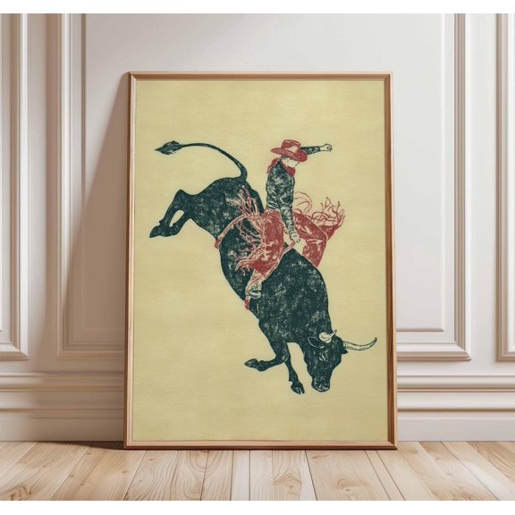 Western Rodeo Bull Rider Poster, Cowboy Bull Riding Art Print, Rustic Western Wall Decor, Vintage Cowboy Wall Art, Country Rodeo Print, Poster Only