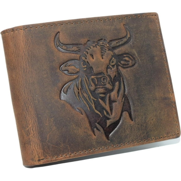Western Rodeo Bull Wallet For Men - Vintage Cowhide Leather Patriotic Bifold Wallet For Cowboys - Mens Wallets Bifold RFID Blocking Card Holder Wallet Brown