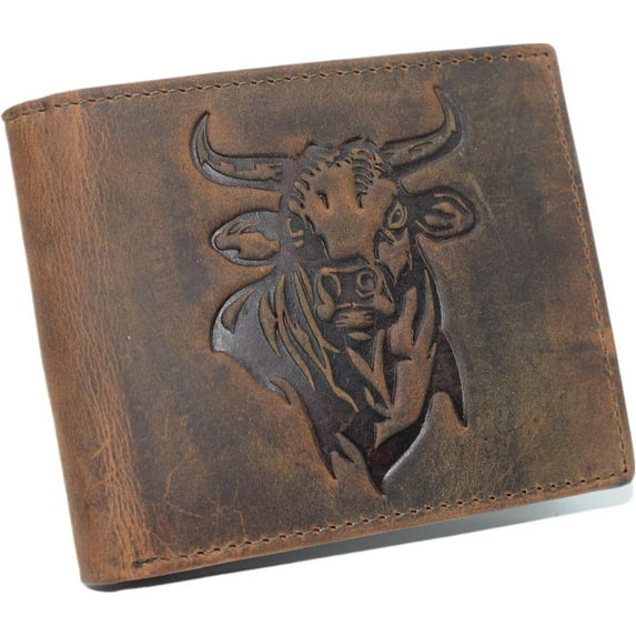 Western Rodeo Bull Wallet For Men - Vintage Cowhide Leather Patriotic Bifold Wallet For Cowboys - Mens Wallets Bifold RFID Blocking Card Holder Wallet Brown