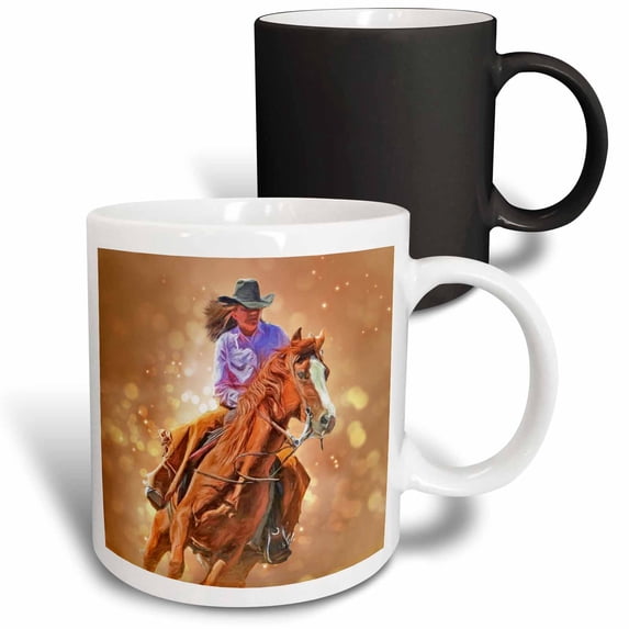 3drose, Western Rodeo Cowgirl Painting with Bokeh Effect Background, 11oz Magic Transforming Mug
