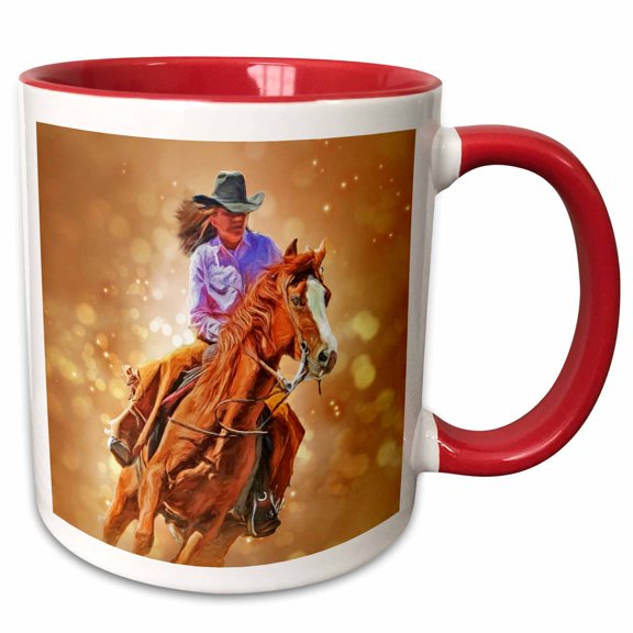 3drose, Western Rodeo Cowgirl Painting with Bokeh Effect Background, 15oz Two-tone Red Mug