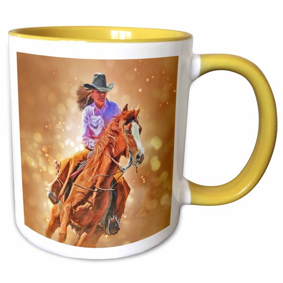 3drose, Western Rodeo Cowgirl Painting with Bokeh Effect Background, 15oz Two-tone Yellow Mug
