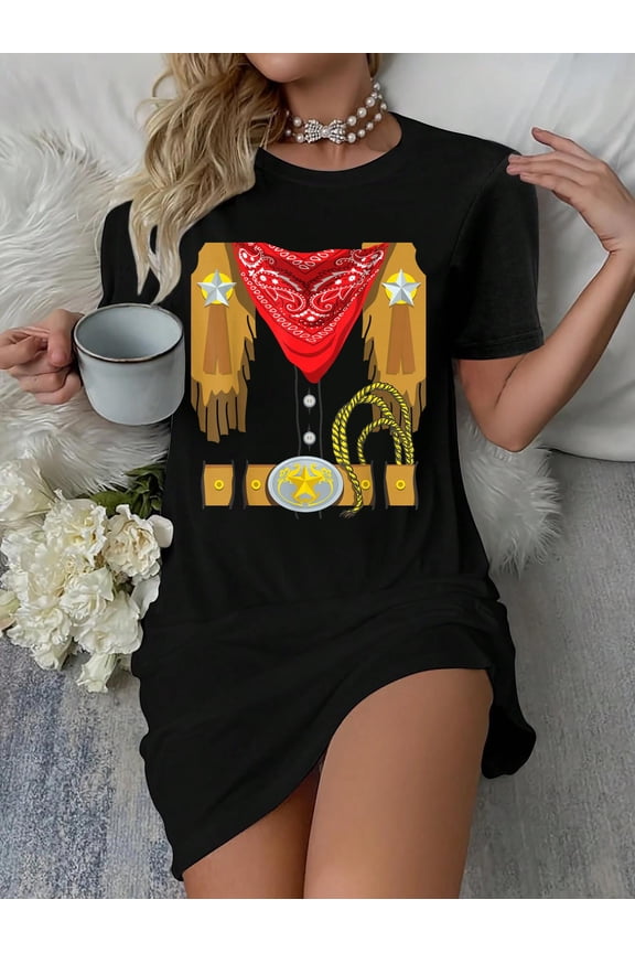 Western Rodeo Sheriff Cowboy Costume T-Shirt Dress Casual Summer Dress Everyday Outfit