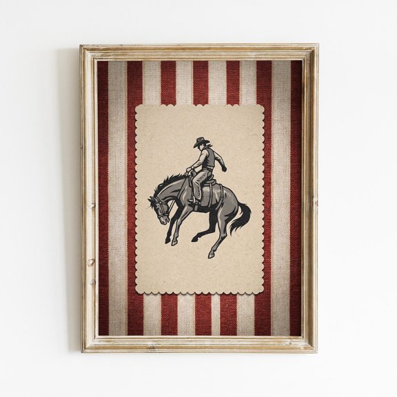 Western Rodeo Wall Art Print, Red Striped Cowboy Poster, Retro Mid Century Modern Horse Art, Vintage Rodeo Poster Unframed Paper Print