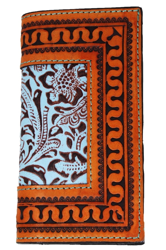 Western Rodeo Wallet Turquoise Stitch Floral Embossed Inlay Leather 18RTW15R