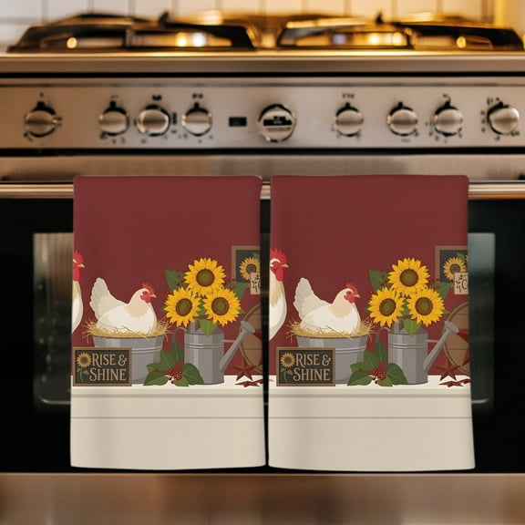 Western Rooster Kitchen Towels Set of 3, Western Barn Red Farmhouse Rustic Absorbent Dish Towels for Kitchen, Microfiber Hand Towel, Quick Drying Tea Towel for Cleaning Decorative Dishcloths