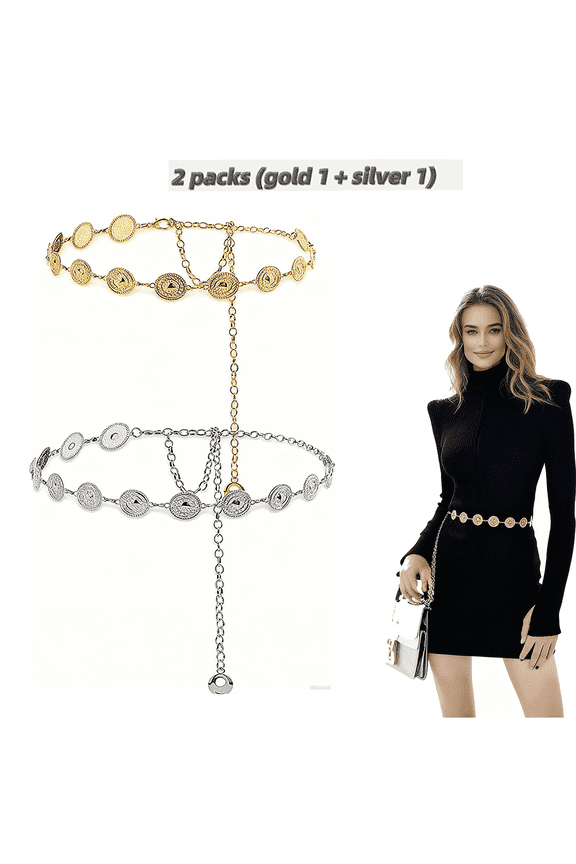 Western Round Concho Chain Belt, Women's Metal Waist Chain for Dress and Jeans, Western Cowboy Style