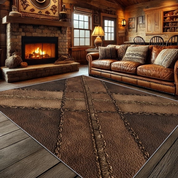 Western Rugs for Living Room ,Rustic Rug, Faux Leather Farmhouse Washable Rugs for Bedroom, Cowboy Cabin Living Room Area Rug, Lodge Home Decor, Western Gifts for Women-3' x 5'