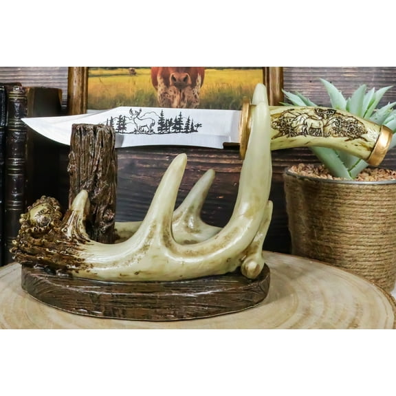 Western Rustic 8 Point Buck Stag Deer Antlers Display With Elk Sculpted Dagger