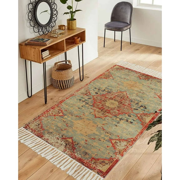 Western Rustic,Area Rug 3x5ft Woven Runner Rug,Vintage Shabby Chic Tribal Patterns Ethnic Washable Living Room Hallway Bedroom Kitchen Carpet with Tassels,Indoor Outdoor Throw Door Mat for Entryway