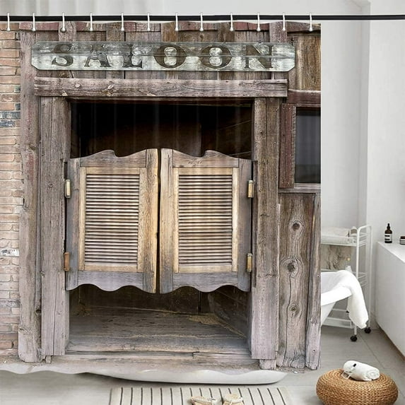 Western Rustic Barndoor Shower Curtain for Bathroom, Vintage West Cowboy Saloon Barn Door Fabric Stall Shower Curtains Set, Farmhouse Country Bathroom Accessories Decor with Hooks 72X72 Inch