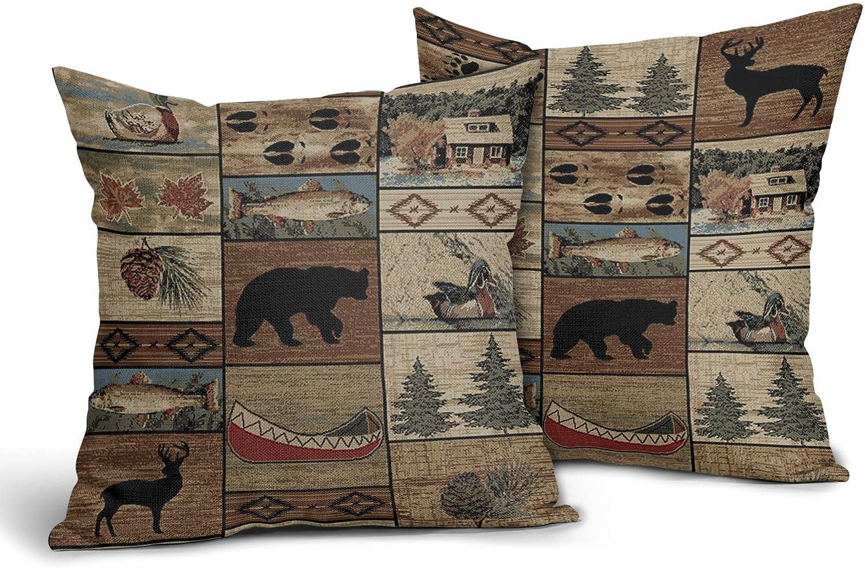 Western Rustic Bear Throw Pillows Cover Set of 2 Wild Animal Bear Deer  Moose Pillow case 18x18 inch Lodge Wildlife Cotton Linen Outdoor Cabin Decorative  Cushion Pillow Cover for Patio Couch Bedroom 