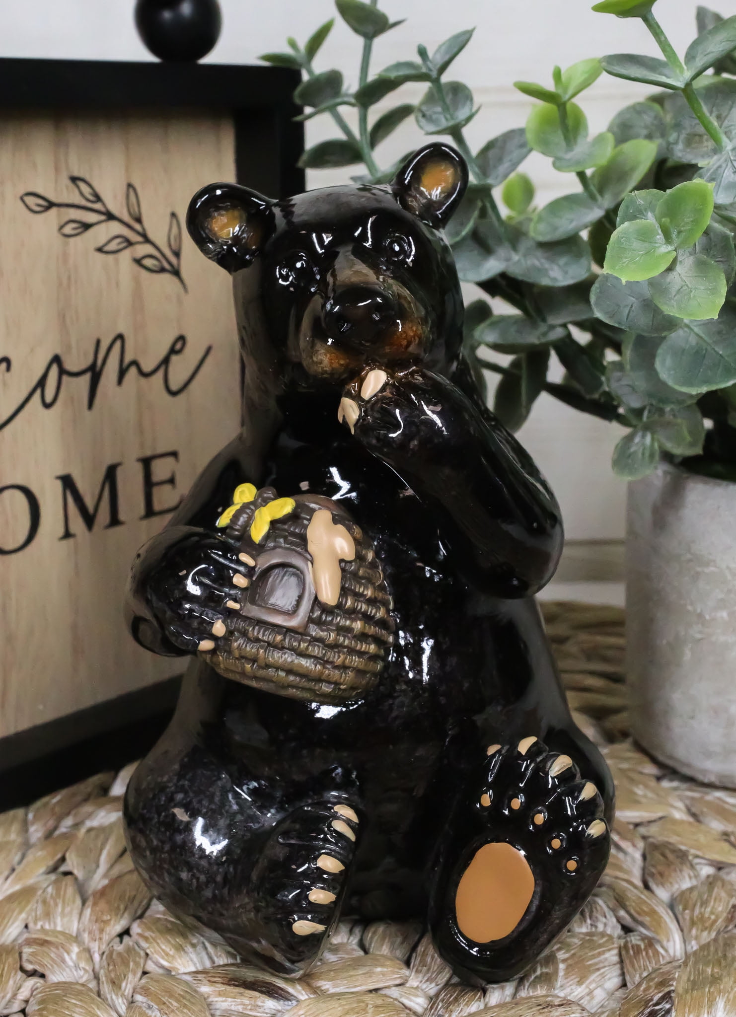 Western Rustic Black Bear Eating Honey From Honeycomb Beehive Figurine