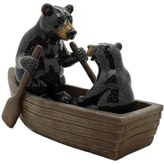 Western Rustic Black Bears Father and Son Family Rowing Canoe Boat Figurine