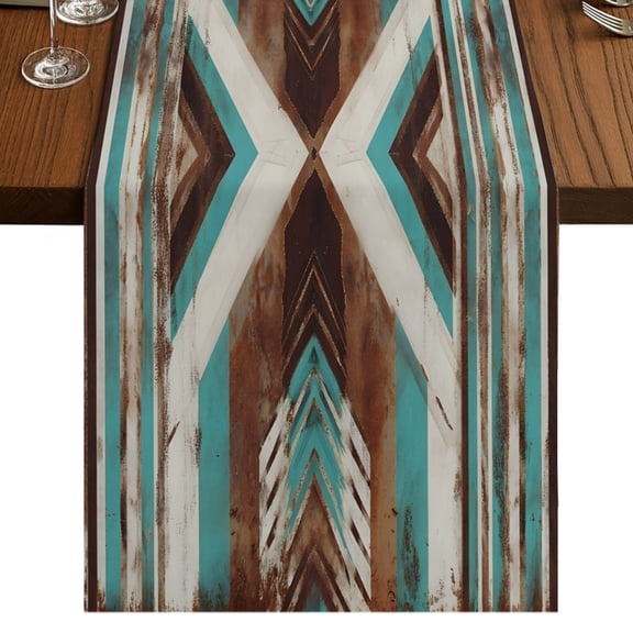 Western Rustic Burlap Cotton Table Runner 13x36 Inches Short, Aztec Ethnic Tribal Geometric Patterns Farmhouse Table Runners, Outdoor Dining Table Decor for Baby Shower/Party/Wedding
