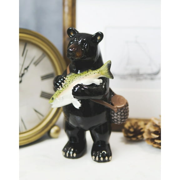 Western Rustic Fishing Black Bear Holding Largemouth Bass Fish Figurine Bears
