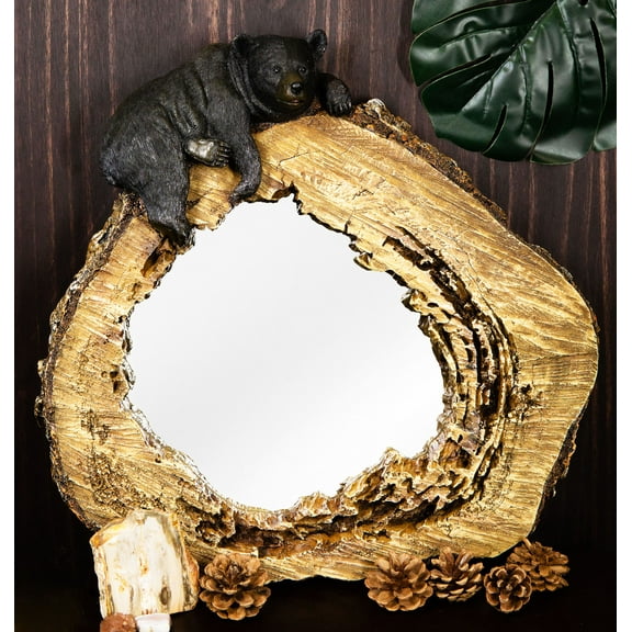 Western Rustic Forest Black Bear Sleeping On Tree Trunk Wall Mirror Decor Plaque