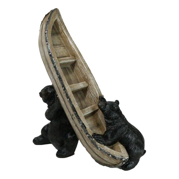 Western Rustic Forest Black Bears Moving A Canoe Boat To The River Figurine