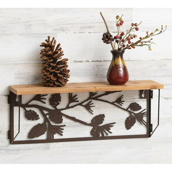 Western Rustic Forest Woodlands Pinecones Metal Cutout Wall Hanging Wood Shelf