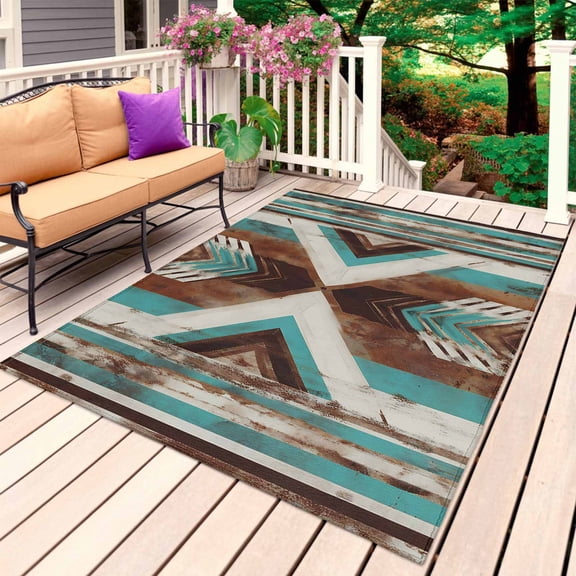 Western Rustic Outdoor Rug for Patio/Deck/Porch, Non-Slip Large Area Rug 6 x 9 Ft, Aztec Ethnic Tribal Geometric Patterns Indoor Outdoor Rugs Washable Area Rugs, Reversible Camping Rug Carpet Runner