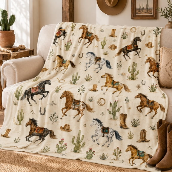 Western Saddle Horse Flannel Blanket with Desert Pattern, Cowboy Boots Cactus and Horseshoe Throw for Sofa, Bed, Ranch Room and Travel Use, 50 x 60 in