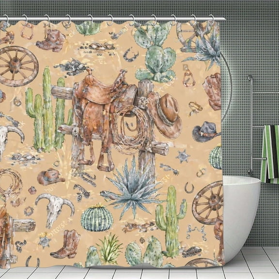 Western Saddle Pattern On Tan Print Shower Curtain 70.870.8Inch,Modern Fabric Waterproof Polyester Bathroom Home Decor Set with Hooks