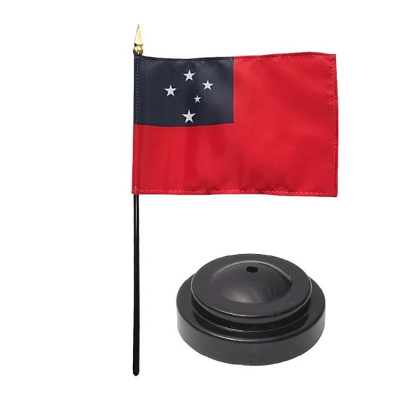 Western Samoa Desk Flag with Base; American Made Rayon 4x6 inch Miniature Table Set Includes One Small Mini Country Stick Flags and One Black Stand (Western Samoa Desk Flag and Base)