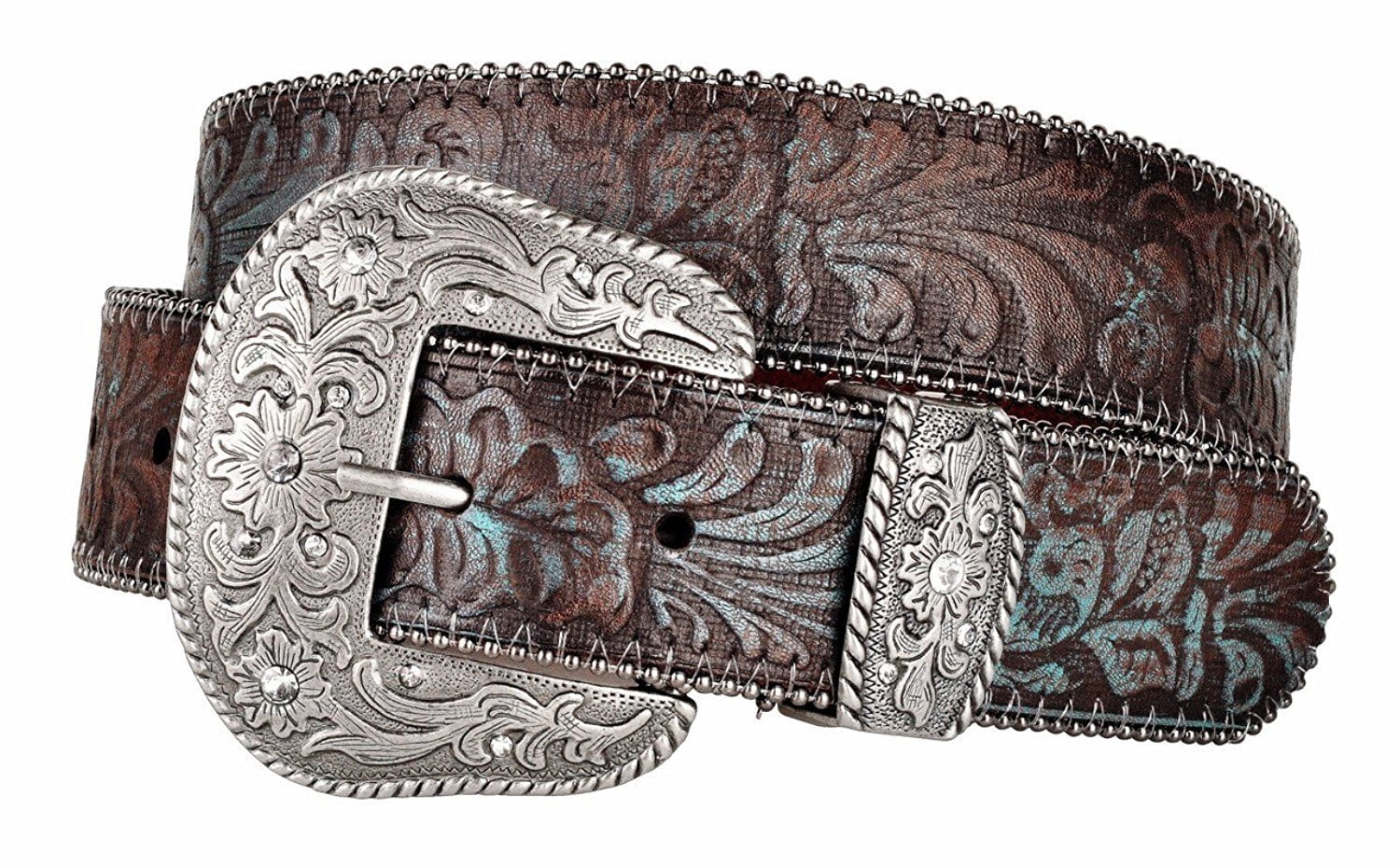 Western Scroll Buckle with Turquoise Tinted Embossed Brown  display picture 1