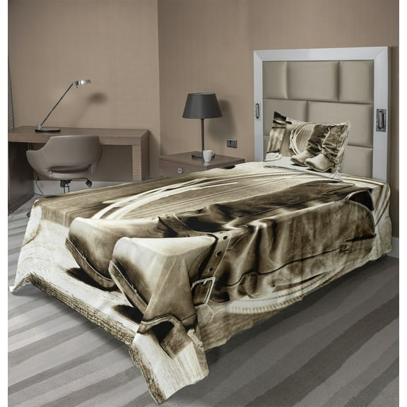 Ambesonne Black White Fitted & Top Sheet Set with Sham, Wild Vintage Rodeo, Sepia and Beige