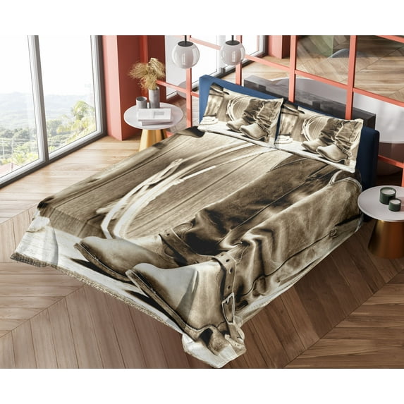 Ambesonne Black White Fitted & Top Sheet Set with Shams, Wild Vintage Rodeo, Sepia and Beige