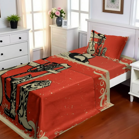 Ambesonne America Fitted & Top Sheet Set with Sham, Country Music Wild West, Beige Orange