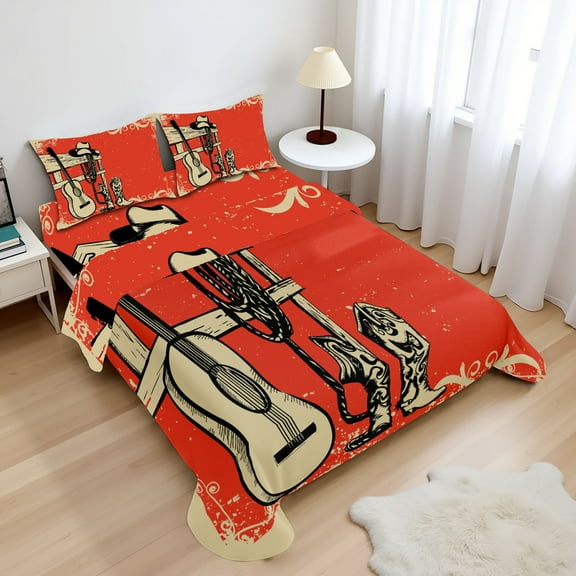 Ambesonne America Fitted & Top Sheet Set with Shams, Country Music Wild West, Beige Orange