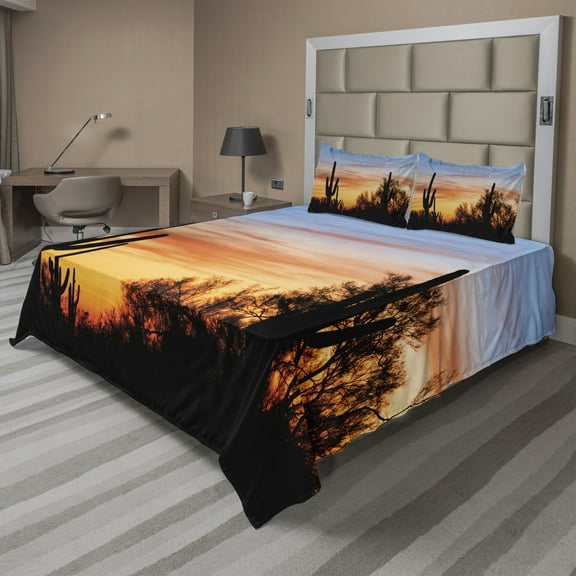 Ambesonne Western Fitted & Top Sheet Set with Shams, Desert Cactus Wild West, Orange and Black
