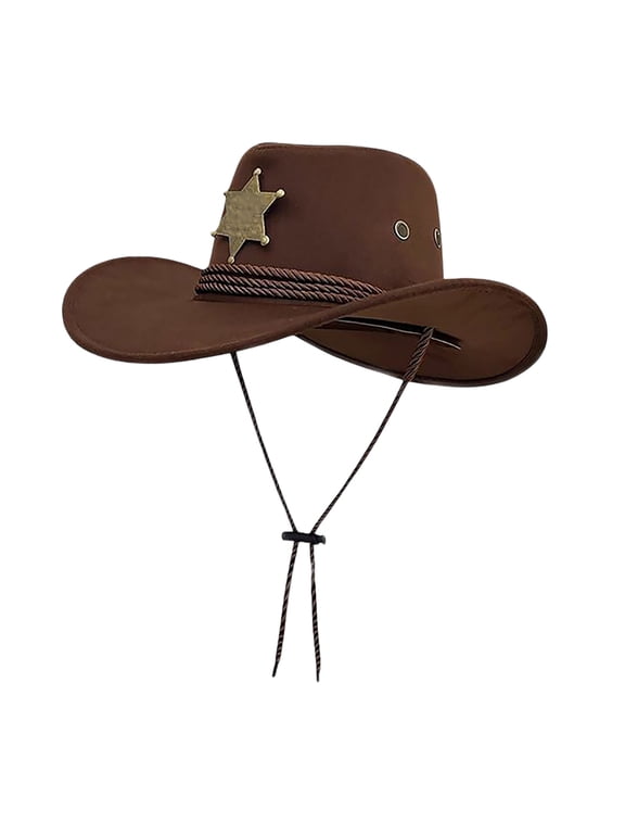 Western Sheriff Cowboy Hat, Wide Brim Cowgirl Hat with Sheriff Star Badge & Chin Strap, One Size Hat