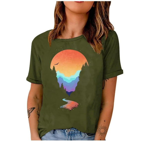 Western Shirts Casual Tee for Women Summer T Shirt Short Sleeve Crewneck Beach Tops Vintage Country Graphic Army Green L