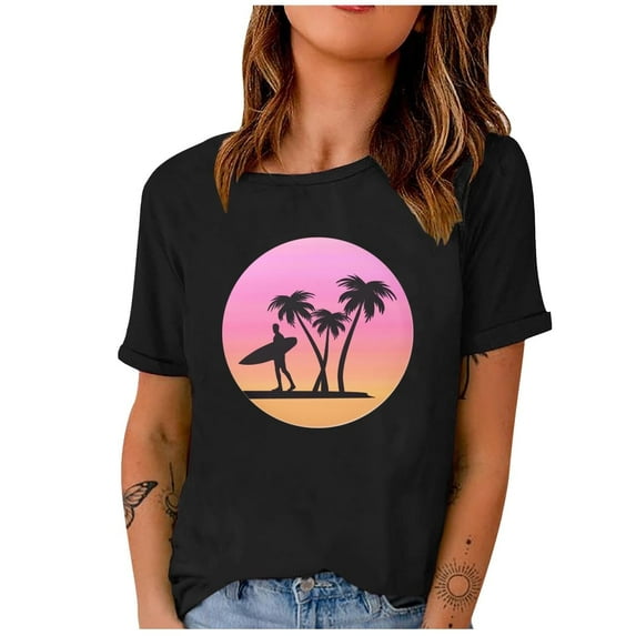 Western Shirts Casual Tee for Women Summer T Shirt Short Sleeve Crewneck Beach Tops Vintage Country Graphic Black S