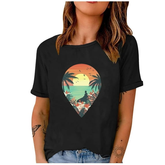 Western Shirts Casual Tee for Women Summer T Shirt Short Sleeve Crewneck Beach Tops Vintage Country Graphic Black XL